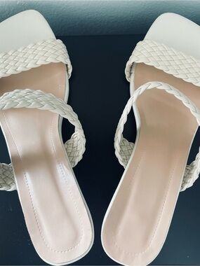 Woven Strap White Slide Sandals